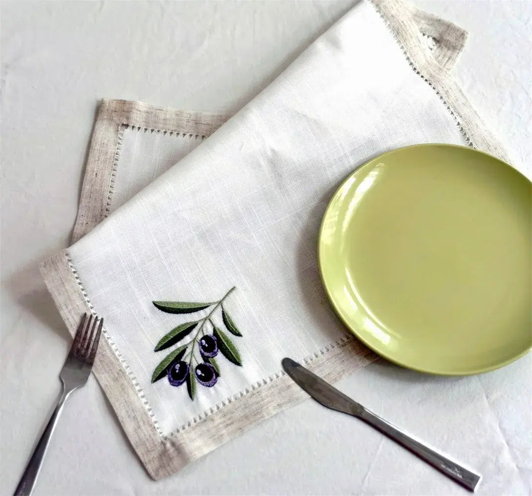 @Olive Embroidered Napkin with Handmade Hemstitch, Elegant Linen Look, Table Decoration, Beautiful Gift,