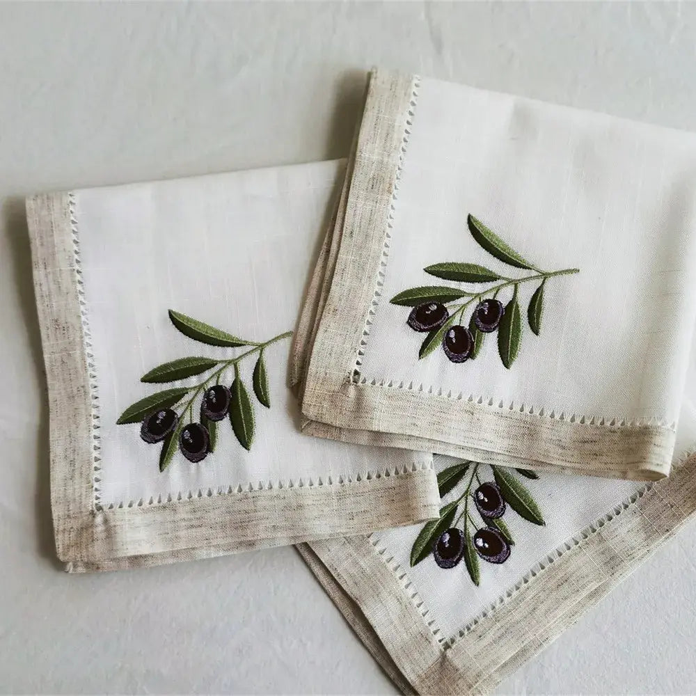 @Olive Embroidered Napkin with Handmade Hemstitch, Elegant Linen Look, Table Decoration, Beautiful Gift,