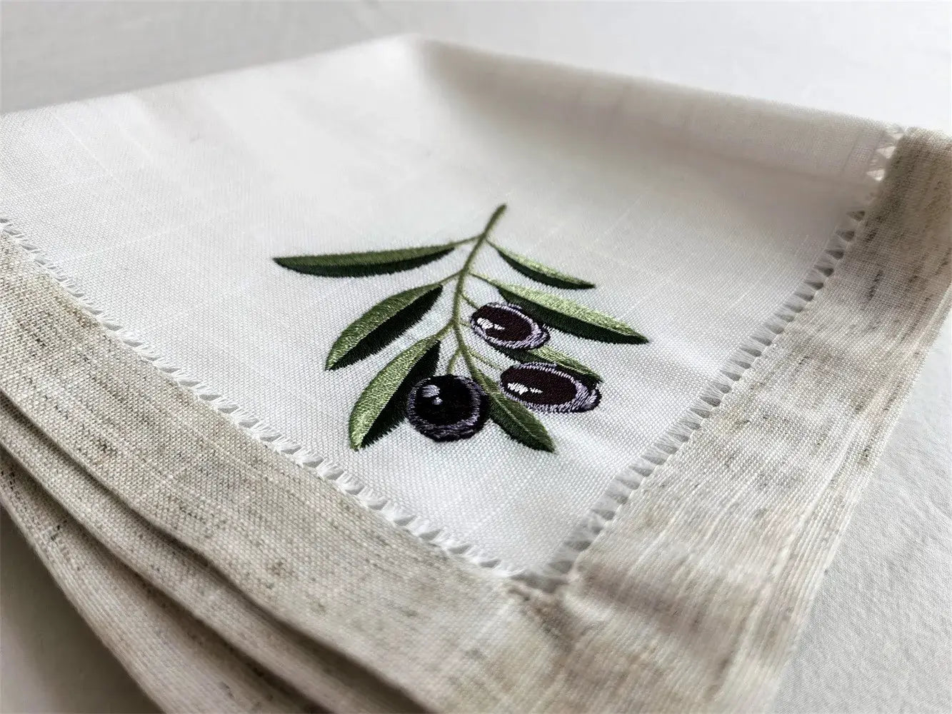 @Olive Embroidered Napkin with Handmade Hemstitch, Elegant Linen Look, Table Decoration, Beautiful Gift,