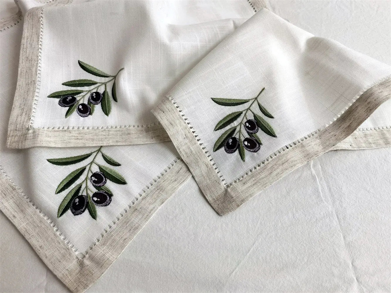 @Olive Embroidered Napkin with Handmade Hemstitch, Elegant Linen Look, Table Decoration, Beautiful Gift,