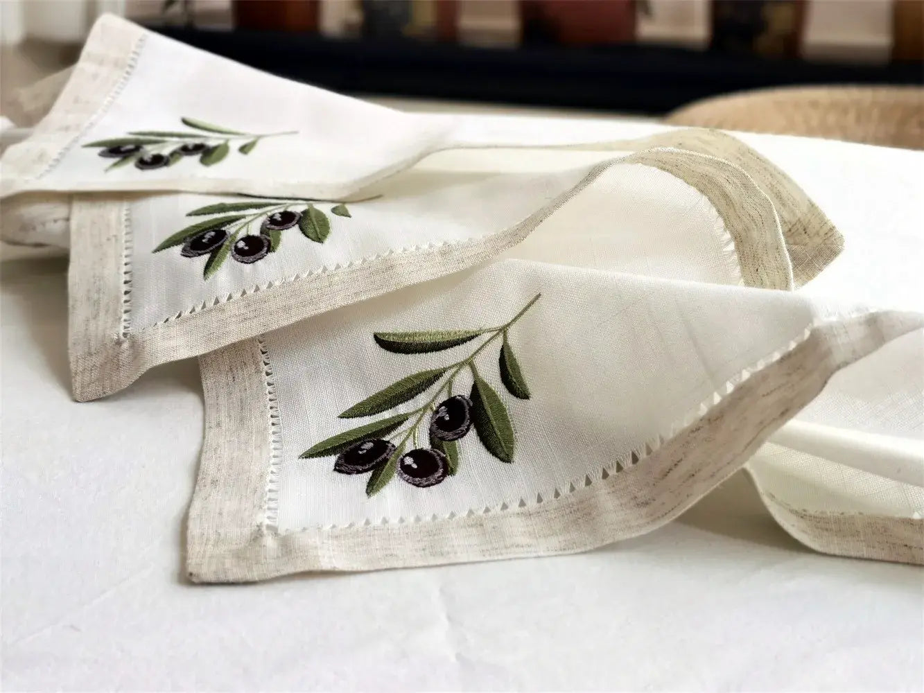@Olive Embroidered Napkin with Handmade Hemstitch, Elegant Linen Look, Table Decoration, Beautiful Gift,