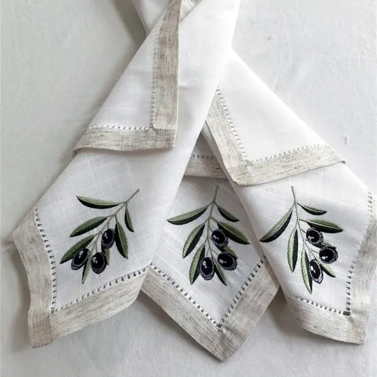 @Olive Embroidered Napkin with Handmade Hemstitch, Elegant Linen Look, Table Decoration, Beautiful Gift,