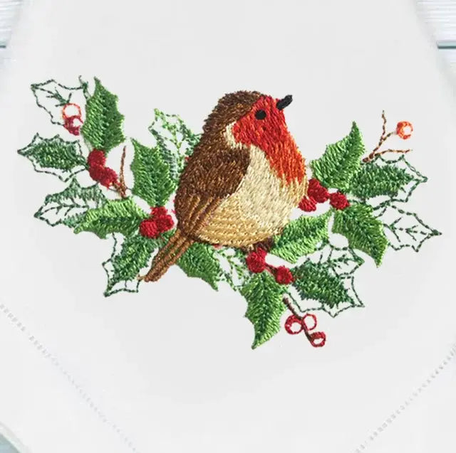 @Adorable Christmas Birds Embroidery Napkin, Placemat, Hemstitch, Cotton+Linen, Table Decoration