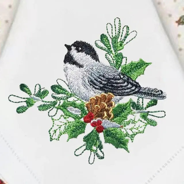 @Adorable Christmas Birds Embroidery Napkin, Placemat, Hemstitch, Cotton+Linen, Table Decoration