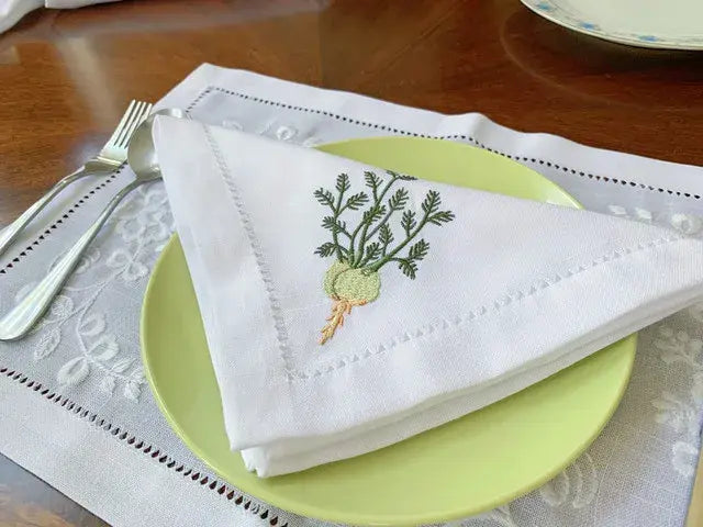 Vegetable Napkins Hemstitched Embroidery, Linen+Cotton Table Decor, Beetroot, Fennel, Carrot,Home/Airbnb/Banquets/Hotel