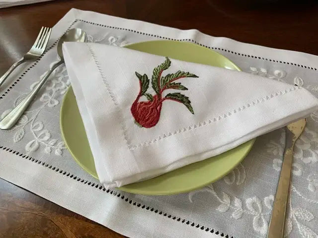 Vegetable Napkins Hemstitched Embroidery, Linen+Cotton Table Decor, Beetroot, Fennel, Carrot,Home/Airbnb/Banquets/Hotel