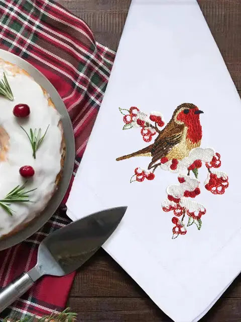 @Adorable Christmas Birds Embroidery Napkin, Placemat, Hemstitch, Cotton+Linen, Table Decoration