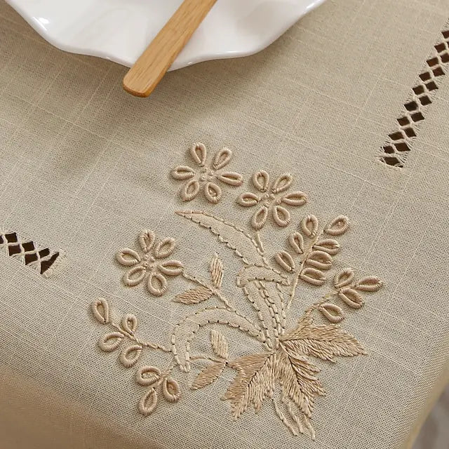 @100% Handmade Vintage Tablecloth,Hemstitched Embroidered by Hands,White, Beige, Slub Cotton, Eleganet, Luxurious