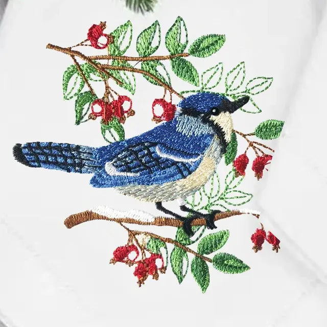 @Adorable Christmas Birds Embroidery Napkin, Placemat, Hemstitch, Cotton+Linen, Table Decoration