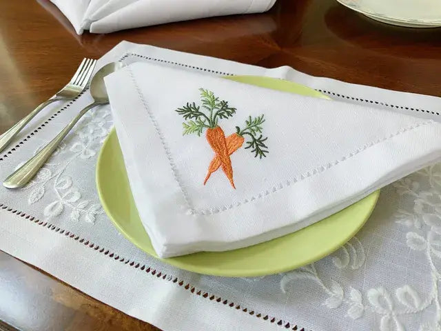 Vegetable Napkins Hemstitched Embroidery, Linen+Cotton Table Decor, Beetroot, Fennel, Carrot,Home/Airbnb/Banquets/Hotel