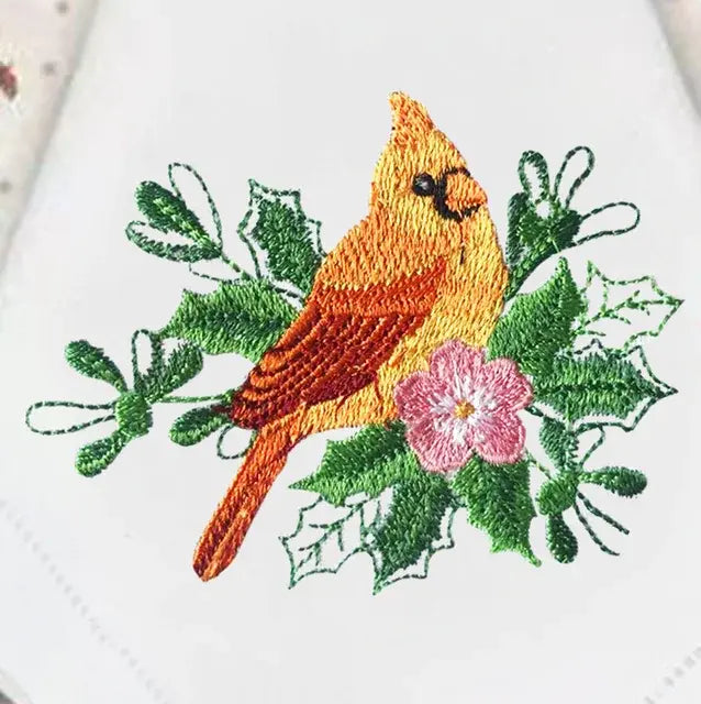 @Adorable Christmas Birds Embroidery Napkin, Placemat, Hemstitch, Cotton+Linen, Table Decoration