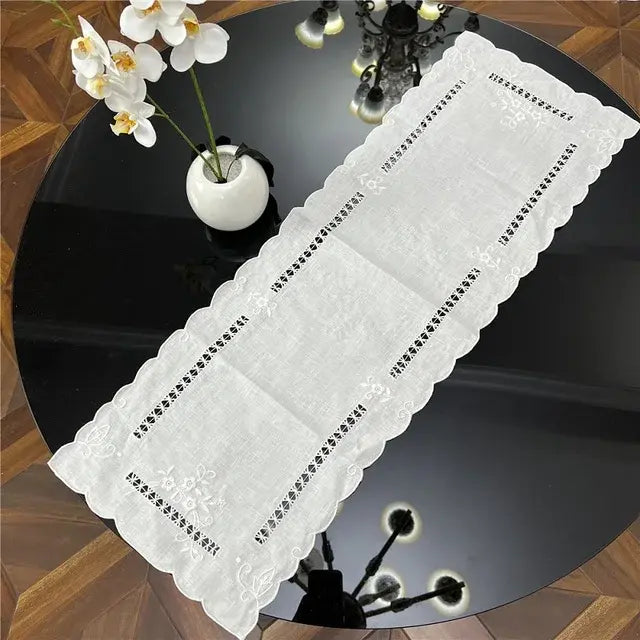 @6092 100% Handmade Embroidered Hemstitched Floral PlacematTable Runner, Pure Linen, Vintage, Classic Design, Great Gift, Flower