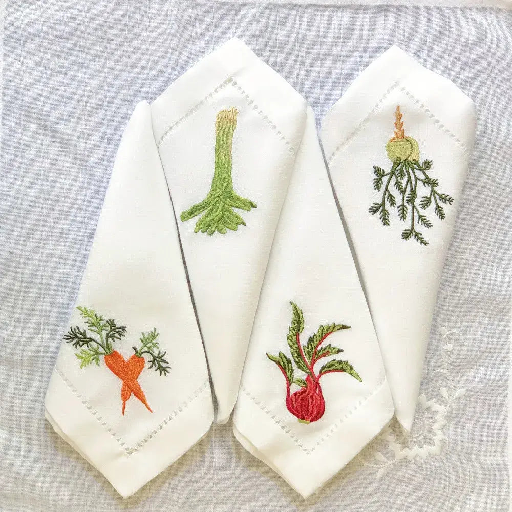 Vegetable Napkins Hemstitched Embroidery, Linen+Cotton Table Decor, Beetroot, Fennel, Carrot,Home/Airbnb/Banquets/Hotel