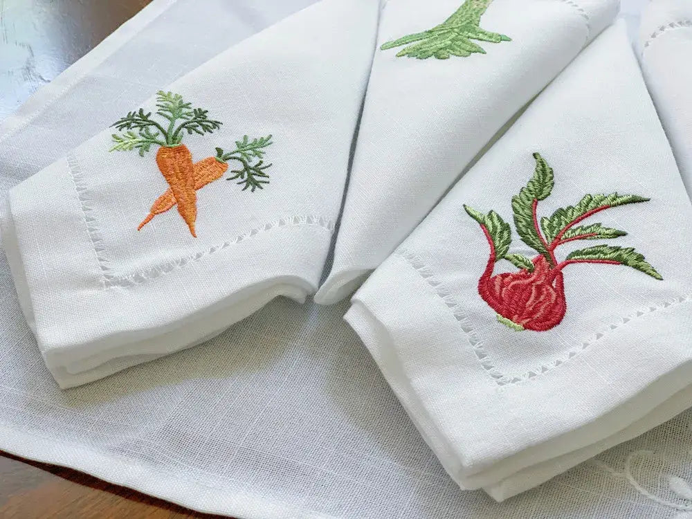 Vegetable Napkins Hemstitched Embroidery, Linen+Cotton Table Decor, Beetroot, Fennel, Carrot,Home/Airbnb/Banquets/Hotel