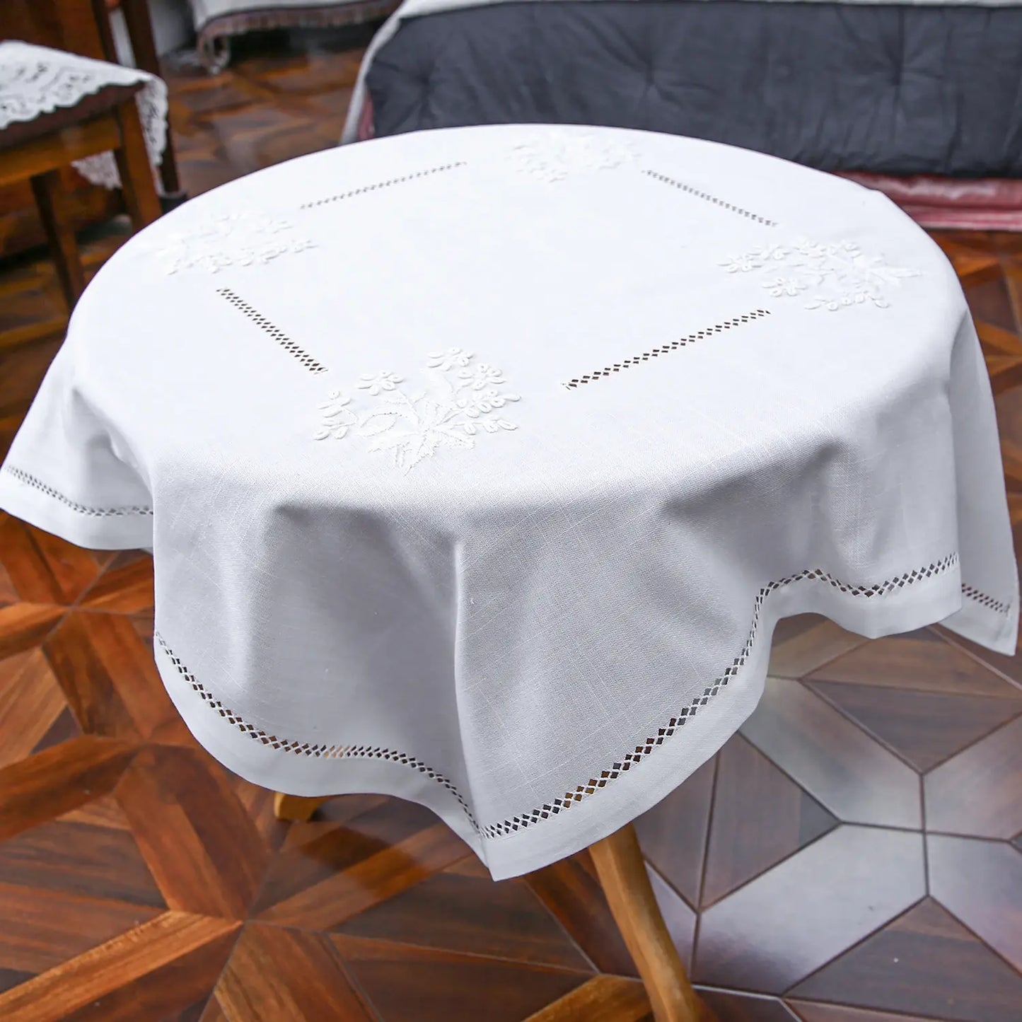 @100% Handmade Vintage Tablecloth,Hemstitched Embroidered by Hands,White, Beige, Slub Cotton, Eleganet, Luxurious