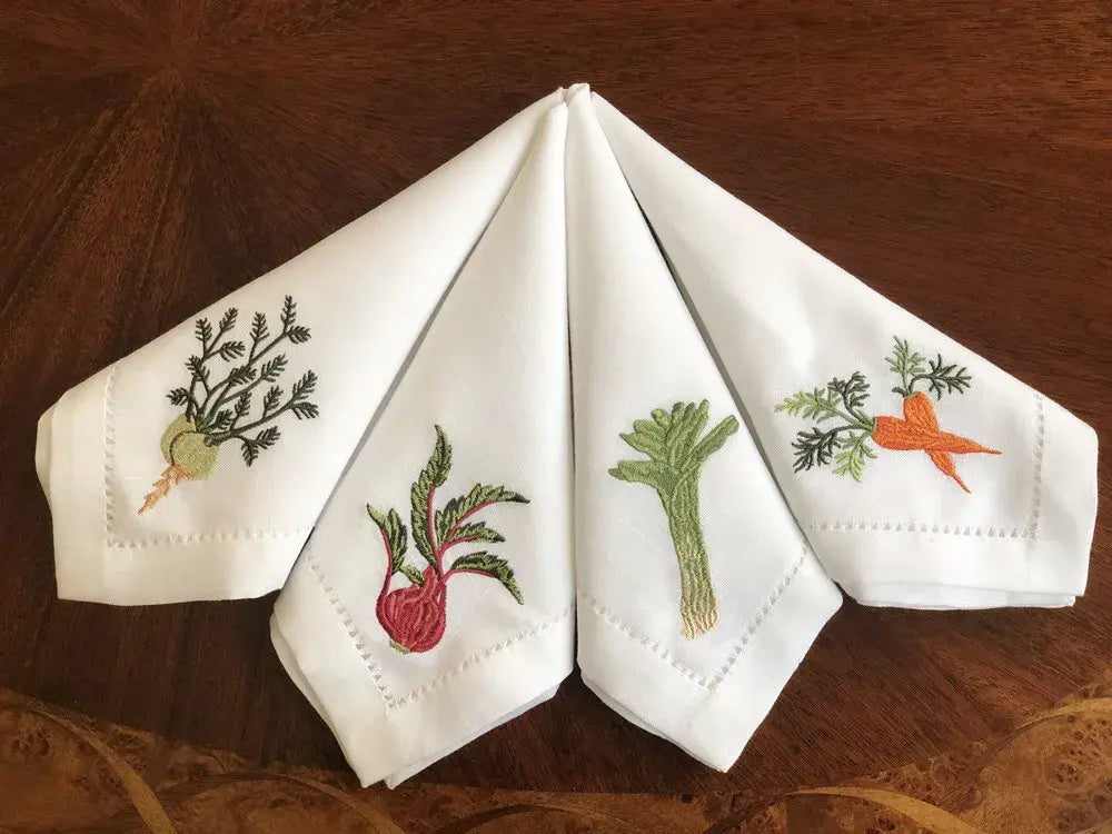 Vegetable Napkins Hemstitched Embroidery, Linen+Cotton Table Decor, Beetroot, Fennel, Carrot,Home/Airbnb/Banquets/Hotel