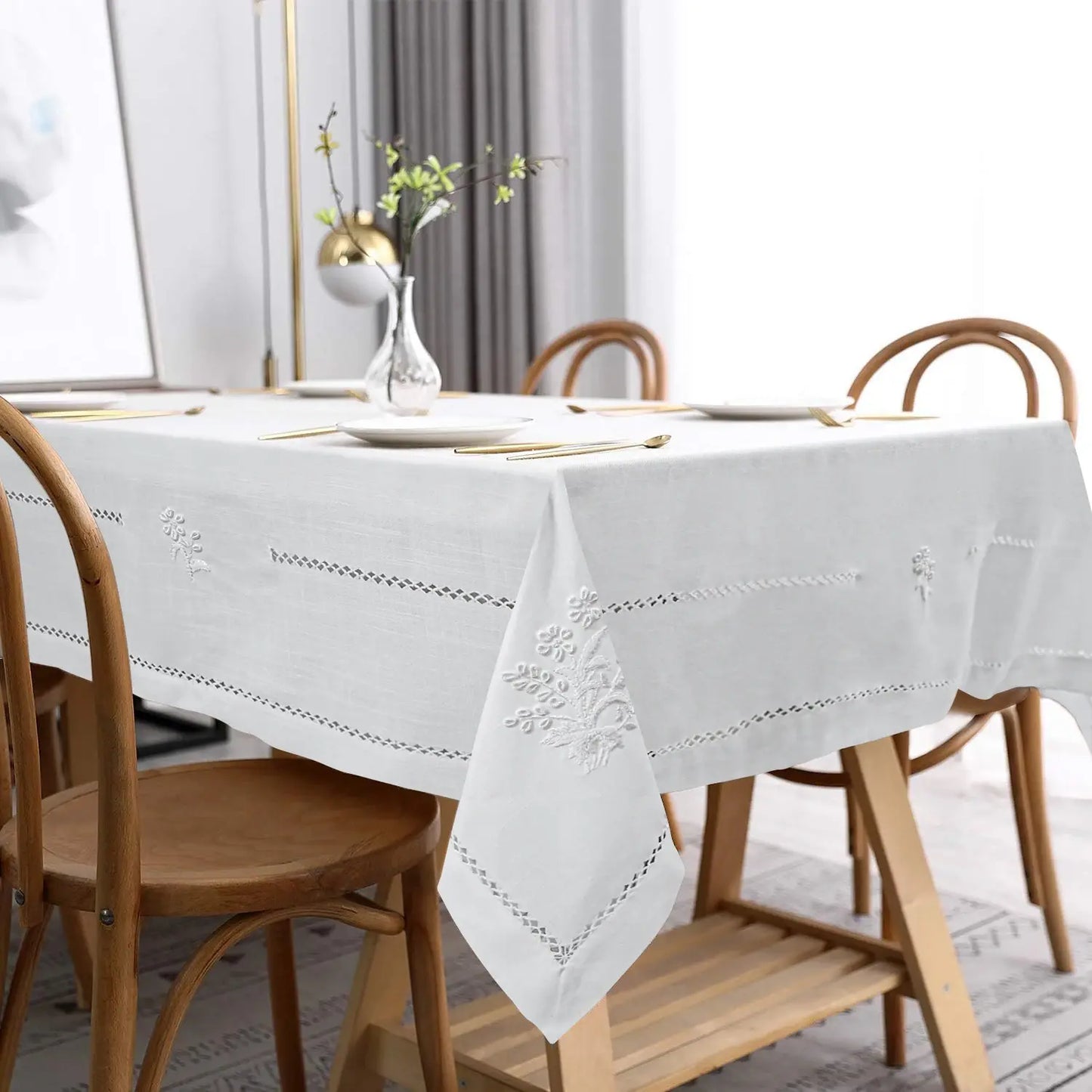 @100% Handmade Vintage Tablecloth,Hemstitched Embroidered by Hands,White, Beige, Slub Cotton, Eleganet, Luxurious