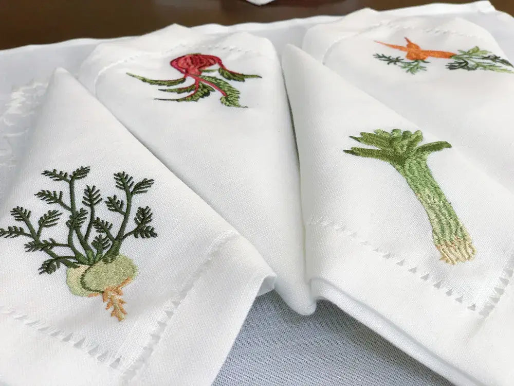 Vegetable Napkins Hemstitched Embroidery, Linen+Cotton Table Decor, Beetroot, Fennel, Carrot,Home/Airbnb/Banquets/Hotel