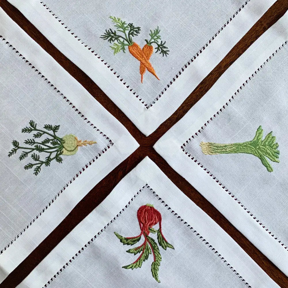 Vegetable Napkins Hemstitched Embroidery, Linen+Cotton Table Decor, Beetroot, Fennel, Carrot,Home/Airbnb/Banquets/Hotel