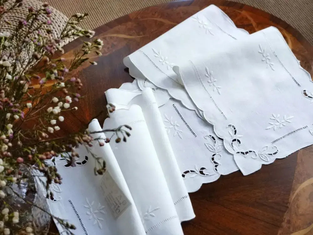 @Camellia Casa Handmade Embroidered Hemstitched Placemat,Table Runner, Pure Linen, Vintage, Classic Design, Great Gift, Ltd Ed