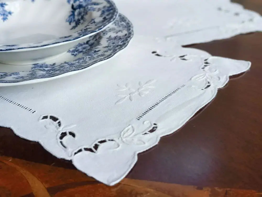 @Camellia Casa Handmade Embroidered Hemstitched Placemat,Table Runner, Pure Linen, Vintage, Classic Design, Great Gift, Ltd Ed